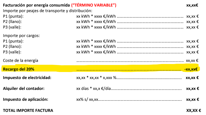 Recargo 20% Nueva Tarifa PVPCRecargo 20% Nueva Tarifa PVPC